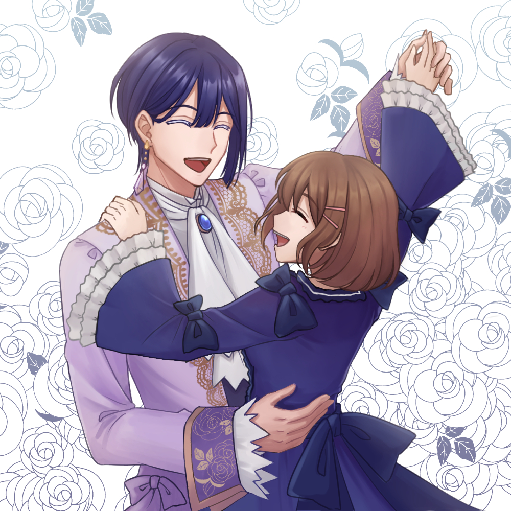 1boy, 1girl, :d, ascot, blue_bow, blue_dress, blue_hair, bow, brown_hair, closed_eyes, dancing, dress, dress_bow, earrings, facing_another, formal_clothes, hair_ornament, hairclip, holding_hands, jewelry, kushi_tsuki, laughing, misono_aira, open_mouth, seijo_no_maryoku_wa_bannou_desu, short_hair, smile, white_ascot, wide_sleeves, yuri_dreves