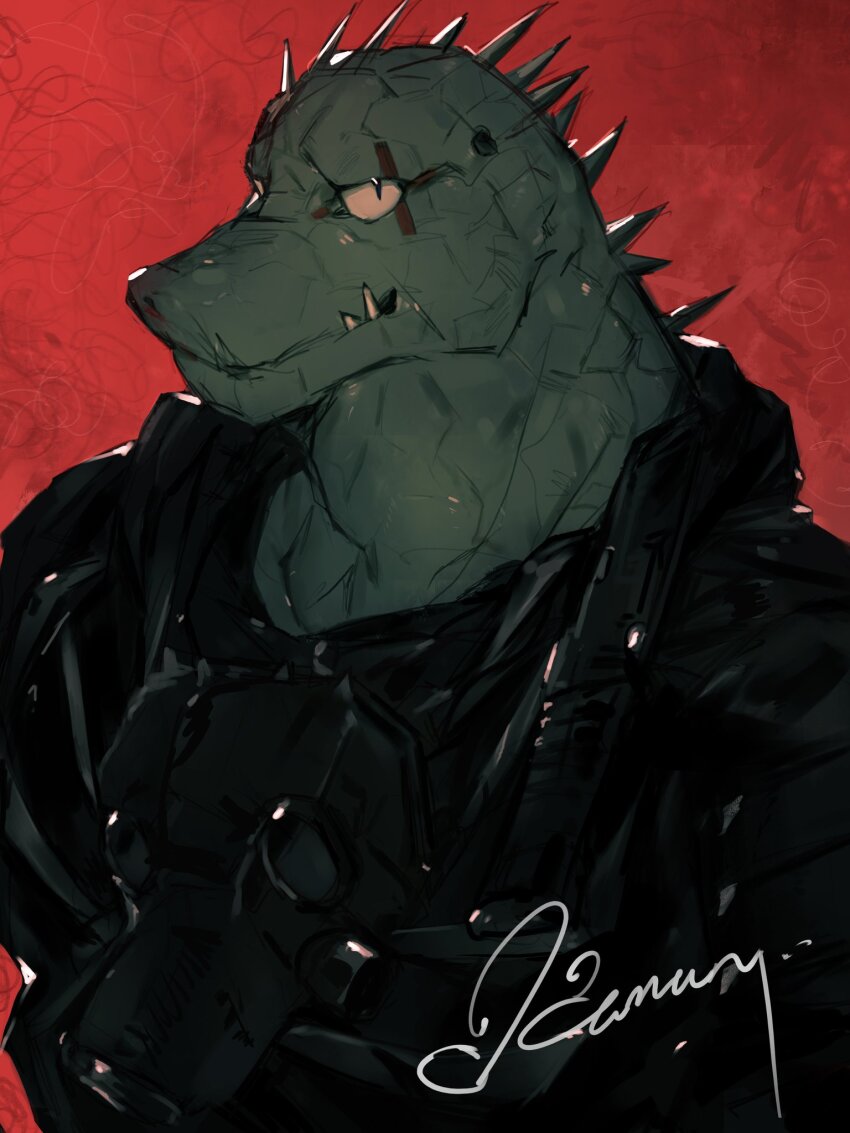 1boy, black_jacket, caiman_(dorohedoro), character_name, closed_mouth, commentary, dorohedoro, furry