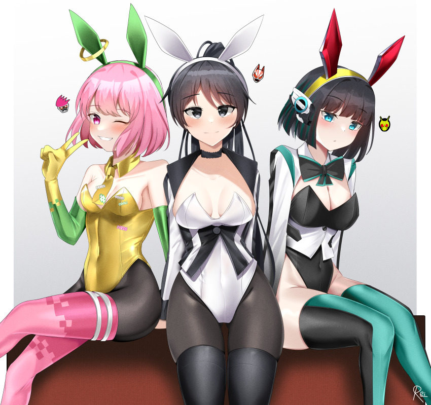 3girls, absurdres, animal_ears, animification, artist_name, asymmetrical_clothes, asymmetrical_legwear, black_hair