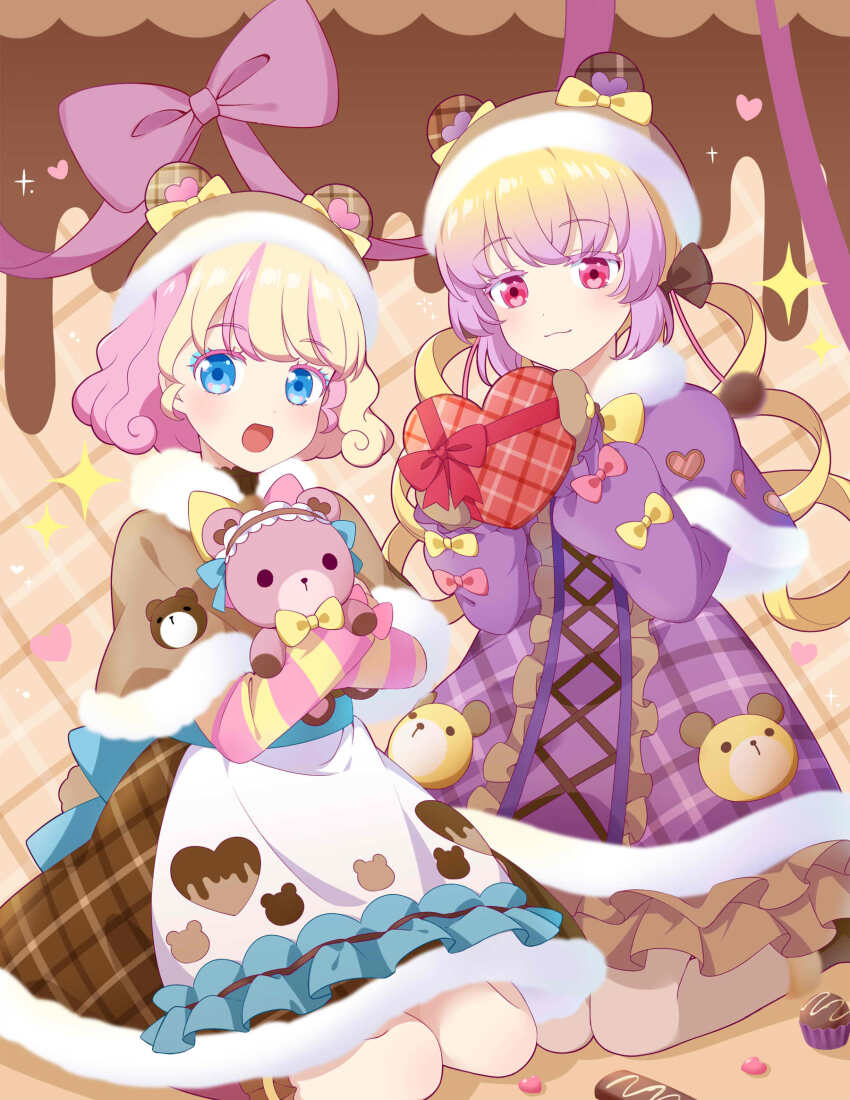 2girls, :d, amauri_miruki, amauri_miruki_(primagista), animal_ears, apron, bear_ears, blonde_hair
