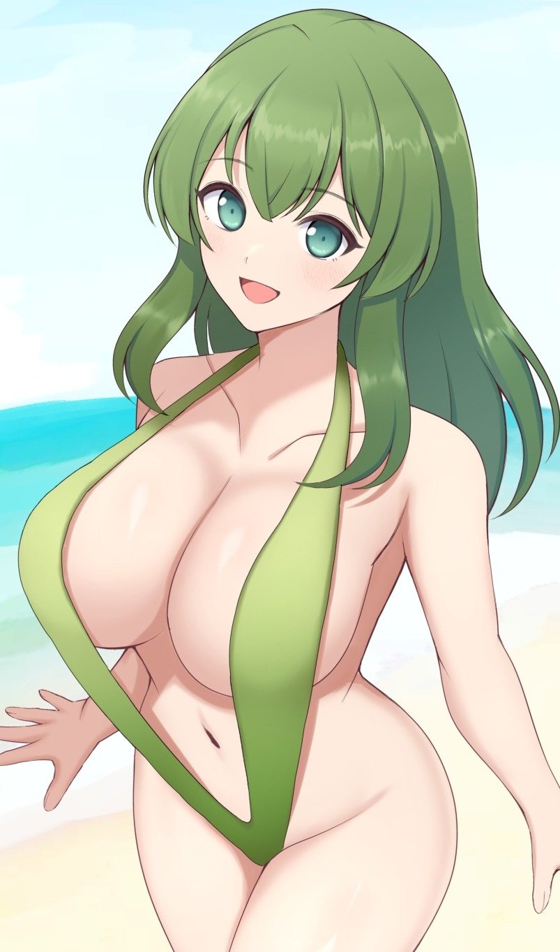 aqua_eyes, beach, blush, breasts, cleavage, collarbone, commission, green_hair