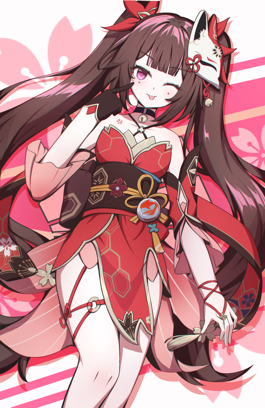 1girl, ;p, absurdres, arm_up, bell, black_choker, black_gloves, blunt_bangs, brown_sash, butterfly-shaped_pupils, choker, chromatic_aberration, criss-cross_halter, dark_skin, detached_sleeves, dot_nose, dress, dutch_angle, floral_print, flower, flower_tattoo, fox_mask, gloves, hair_intakes, halterneck, highres, honkai:_star_rail, honkai_(series), jingle_bell, knees, knot, koi, lingerain, long_hair, mask, mask_on_head, mole, mole_under_eye, neck_bell, o-ring, obi, one_eye_closed, pelvic_curtain, pointing, pointing_at_self, purple_eyes, red_dress, red_sleeves, sash, sidelocks, single_glove, solo, sparkle_(honkai:_star_rail), symbol-shaped_pupils, tassel, tattoo, thighs, tongue, tongue_out, twintails, very_long_hair