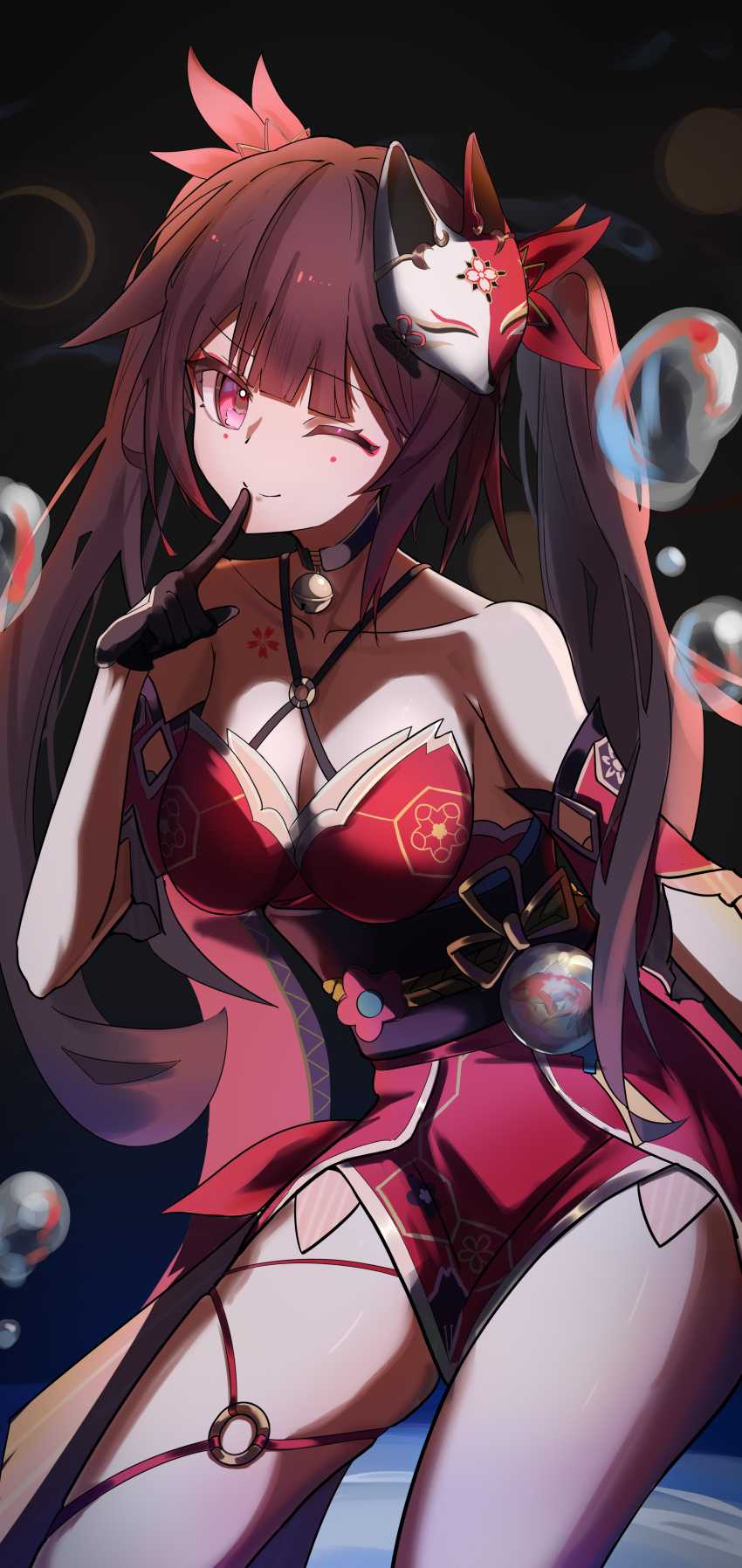 1girl, absurdres, bare_shoulders, bell, black_choker, black_gloves, blunt_bangs, bow