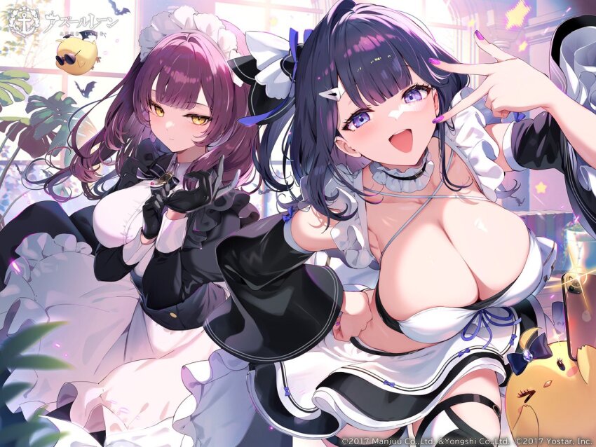 2girls, :d, adjusting_clothes, adjusting_gloves, apron, azur_lane, black_dress, black_gloves