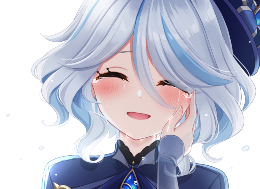 2girls, :d, ^_^, aqua_hair, blush, closed_eyes, commentary_request, crying