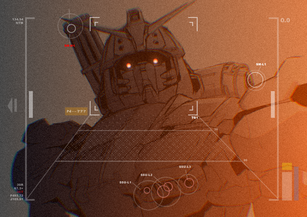 commentary, english_commentary, film_grain, gatling_gun, glowing, glowing_eyes, gundam, gundam_ex, gundam_requiem_for_vengeance, looking_at_viewer, mecha, mecha_focus, mobile_suit, monochrome, ni~tsu_kashi, no_humans, red_eyes, robot, science_fiction, sepia, solo, spot_color, v-fin