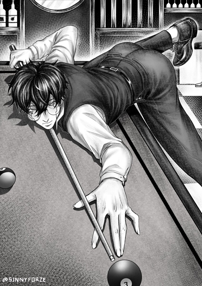 1boy, absurdres, ball, billiard_ball, billiards, black_hair, closed_mouth, cue_stick