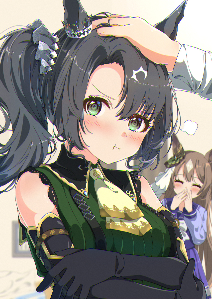 2girls, absurdres, animal_ears, averting_eyes, blurry, blurry_background, blush, breasts