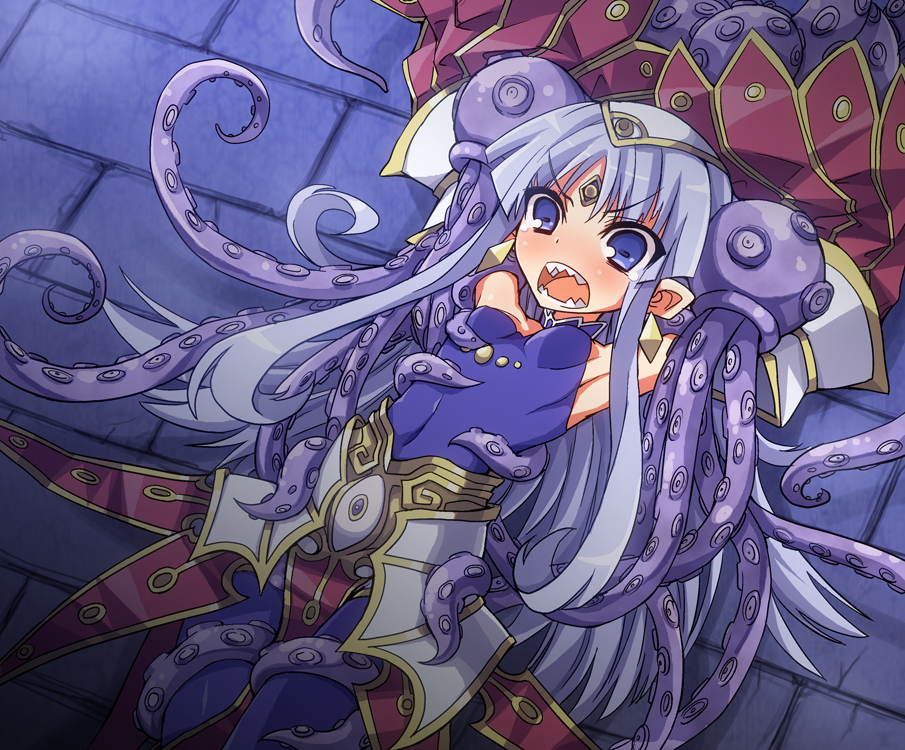 1girl, angry, armpits, bdsm, blue_eyes, bondage, bound, breasts, culdcept, endaness, female_focus, long_hair, lying, on_back, sasamashin, sharp_teeth, small_breasts, solo, teeth, tentacles, very_long_hair, you_gonna_get_raped