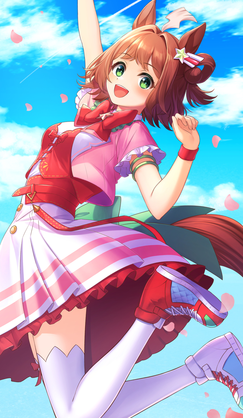 1girl, absurdres, animal_ears, arm_up, blush, breasts, brown_hair, cloud