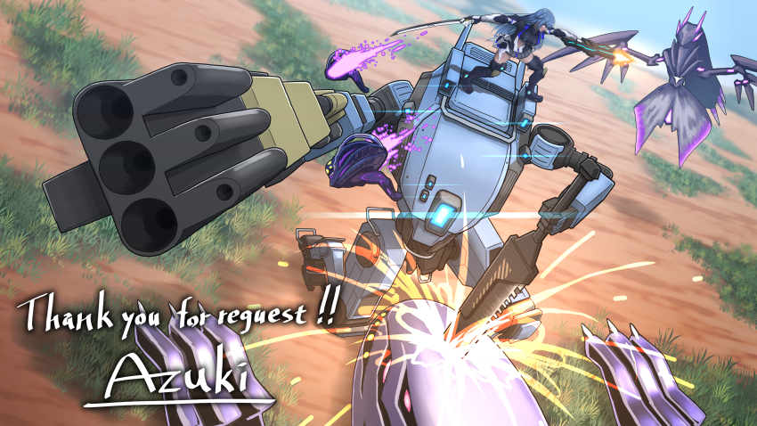 1girl, absurdres, black_footwear, black_shirt, black_shorts, blue_hair, boots, breasts, broadsword_(titanfall_2), clothing_cutout, commission, crossover, dark-skinned_female, dark_skin, dual_wielding, firing, flying, from_above, glowing, glowing_eye, grass, gun, highres, holding, holding_gun, holding_sword, holding_weapon, long_hair, mecha, mechanical_arms, medium_breasts, mikami_azuki, monster, multiple-barrel_gun, navel, one-eyed, phantasy_star, phantasy_star_online_2, robot, ronin_(titanfall_2), shirt, shorts, skeb_commission, stomach_cutout, sword, thigh_boots, titanfall_(series), titanfall_2, weapon