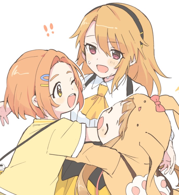 !, !!, 3girls, animal_hood, bag, black_hairband, black_skirt, blush