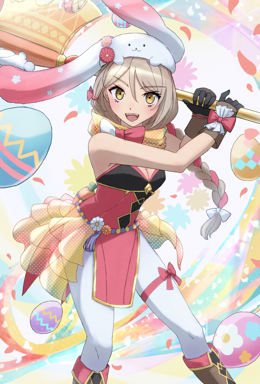 1girl, animal_hat, axe, blonde_hair, braid, braided_ponytail, brown_gloves, easter