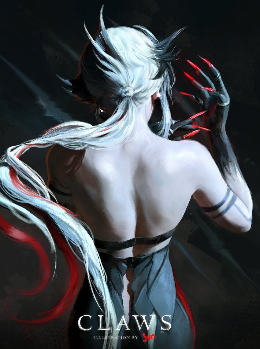 1girl, absurdres, arlecchino_(genshin_impact), artist_name, back, back_focus, bare_back, black_background