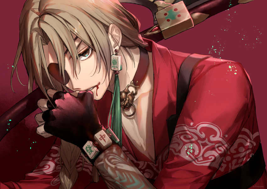 1boy, arm_tattoo, black_gloves, blonde_hair, blood, blood_from_mouth, braid, che_(path_to_nowhere)