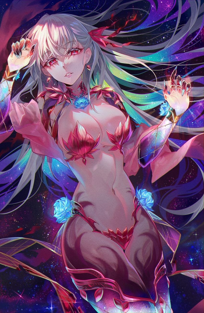 1girl, air_(98061035), aqua_flower, armor, bikini_armor, body_markings, breasts, cleavage, collar, earrings, fate/grand_order, fate_(series), flower, gradient_skin, hair_ribbon, highres, jewelry, kama_(adult)_(fate), kama_(beast_iii/l)_(fate), kama_(fate), large_breasts, long_hair, looking_at_viewer, lotus, lotus_earrings, metal_bracelet, metal_collar, multicolored_hair, multiple_girls, navel, red_eyes, ribbon, smile, solo, starry_hair, starry_skin, tassel, thighhighs, thighlet, veil, white_hair, yellow_veil