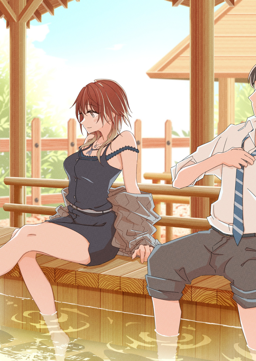 1boy, 1girl, adjusting_clothes, adjusting_necktie, aketa_mikoto, bare_legs, black_pants, black_shirt