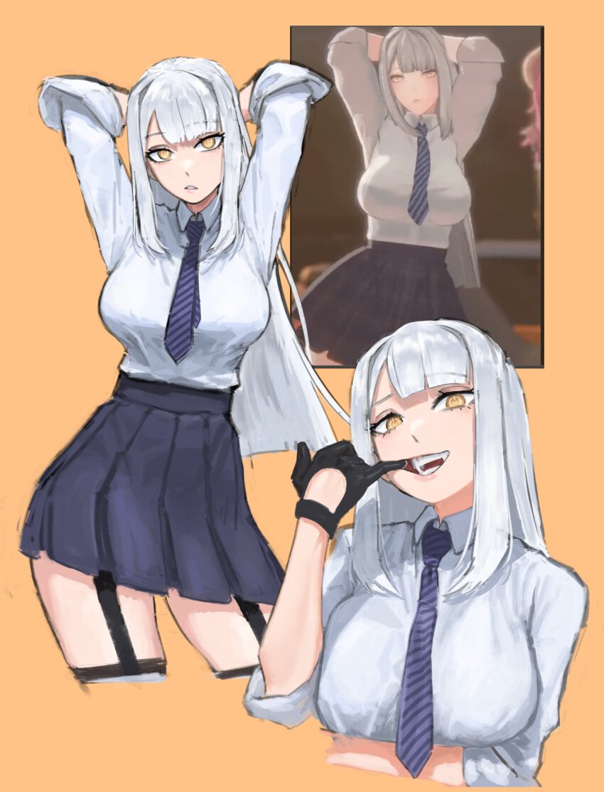 absurdres, arm_under_breasts, arms_behind_head, black_garter_straps, blue_necktie, blue_skirt, breasts, collared_shirt