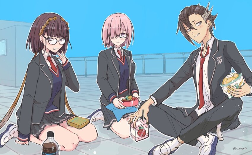 1boy, 2girls, bento, black_hair, black_jacket, bottle, bread, brown_hair