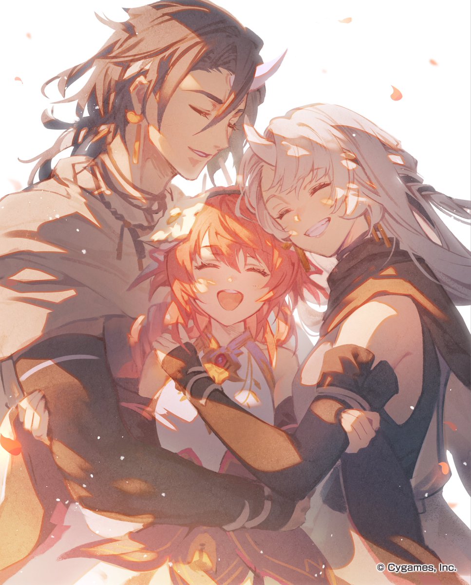 1boy, 2girls, abramelin_(granblue_fantasy), cloak, earrings, farhana_(granblue_fantasy), fenie_(granblue_fantasy), flower, granblue_fantasy, highres, horns, jewelry, multicolored_hair, multiple_girls, red_hair, smile, white_hair