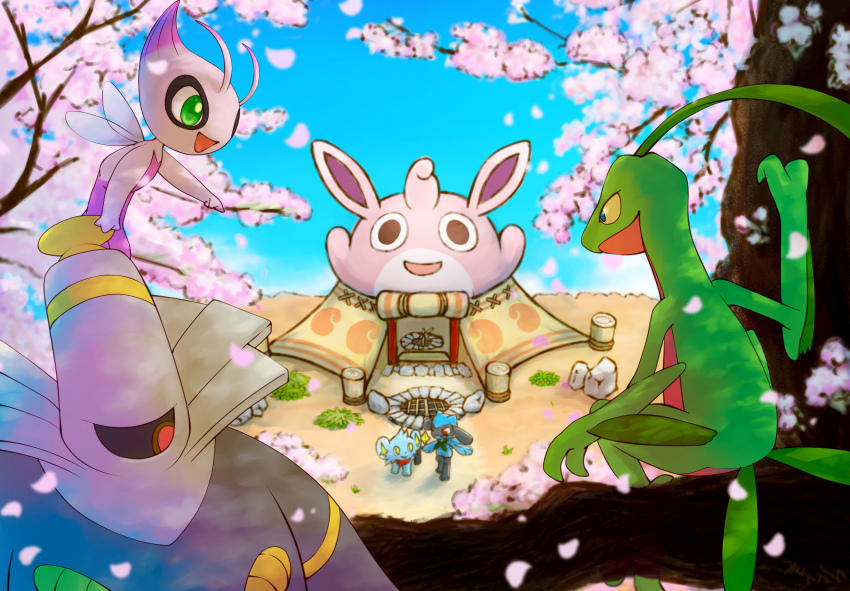 alternate_color, blue_sky, celebi, cherry_blossoms, colored_sclera, dusknoir, fairy_wings, gen_1_pokemon