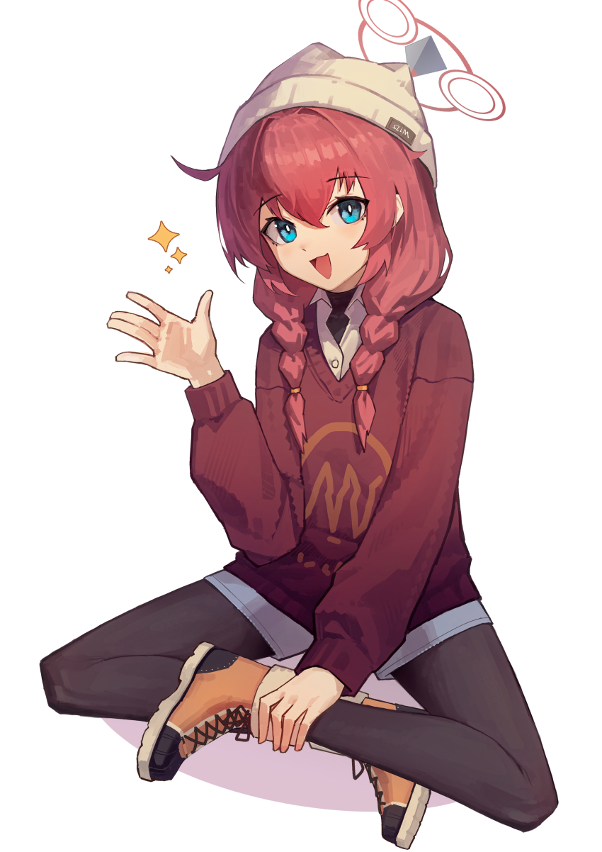 1girl, absurdres, beanie, black_pantyhose, blue_archive, blue_eyes, blue_shorts, boots