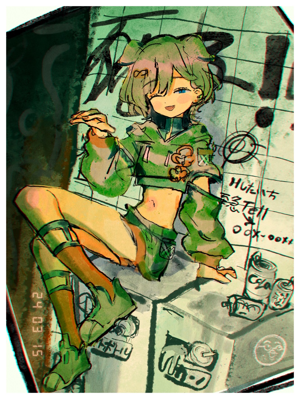 1girl, blue_eyes, border, brown_hair, commentary_request, cropped_hoodie, denonbu, full_body