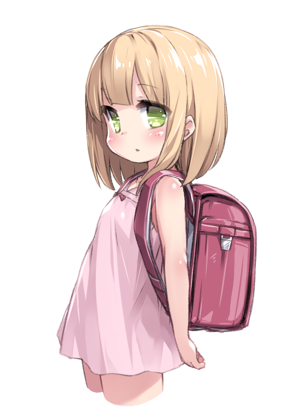 1girl, backpack, bag, blonde_hair, blush, bow, child, dress