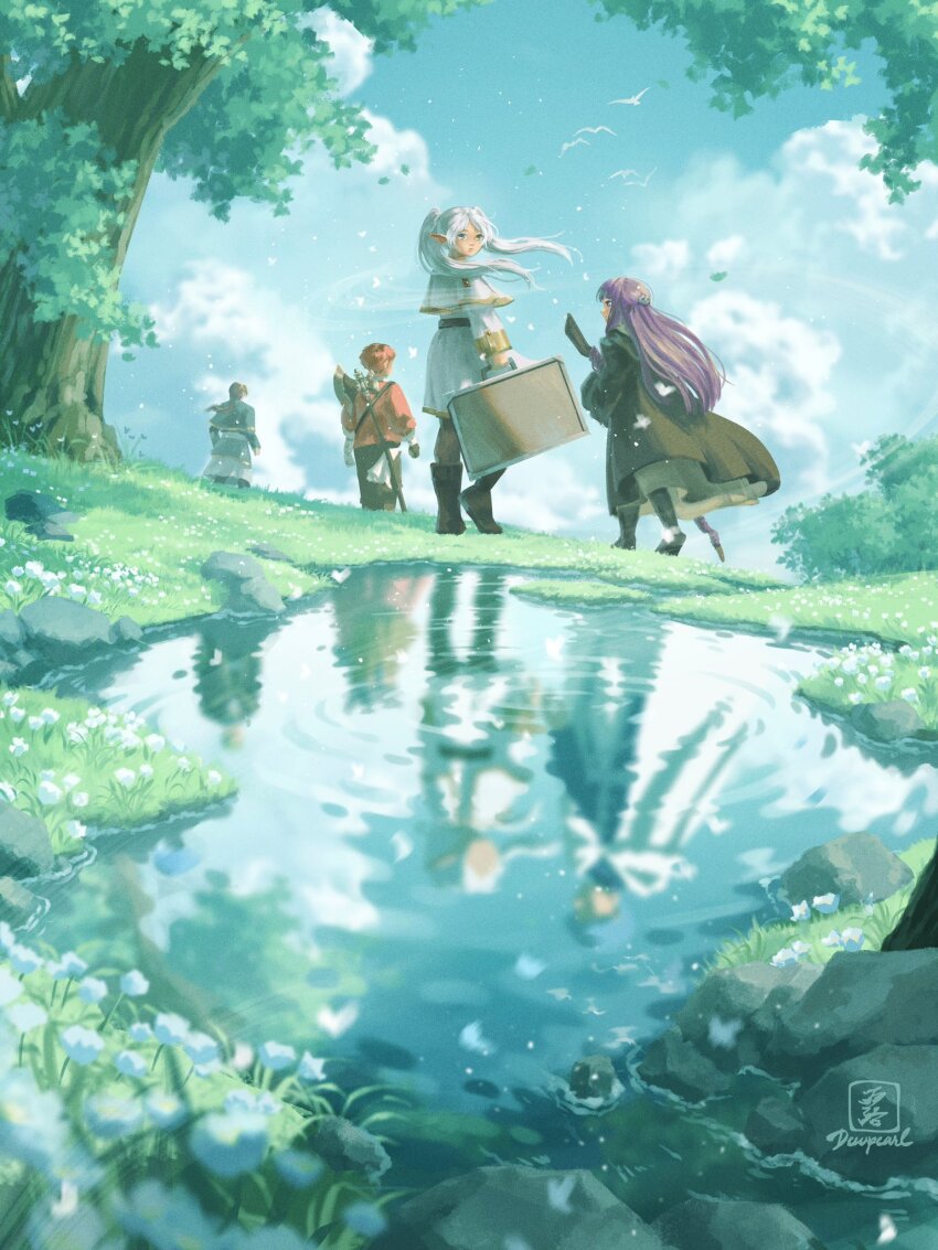 2boys, 2girls, artist_name, axe, battle_axe, bird, black_coat, blue_flower, blue_sky, boots, brown_footwear, capelet, cloud, coat, commentary, dewpearl_art, english_commentary, fern_(sousou_no_frieren), flower, frieren, from_behind, full_body, gold_trim, green_theme, highres, holding, holding_staff, holding_suitcase, jacket, long_hair, looking_at_viewer, looking_back, mage_staff, multiple_boys, multiple_girls, outdoors, pointy_ears, pond, purple_hair, red_hair, red_jacket, rock, sein_(sousou_no_frieren), short_hair, signature, sky, sousou_no_frieren, staff, stark_(sousou_no_frieren), suitcase, tree, twintails, weapon, weapon_on_back, white_capelet, white_hair