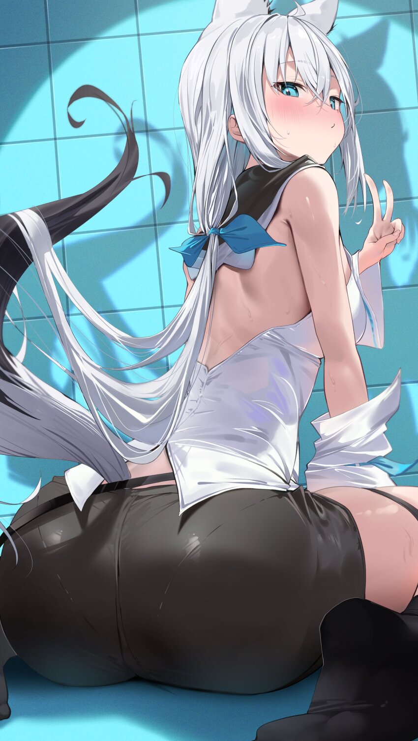 1girl, absurdres, animal_ears, aqua_eyes, ass, backless_outfit, blush, breasts