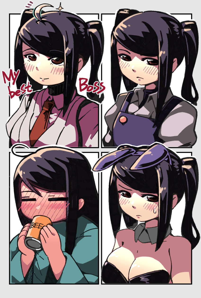 1girl, =_=, ahoge, alternate_costume, animal_ears, bare_shoulders, bartender, beer_can