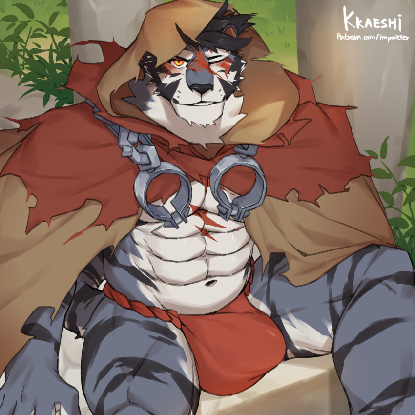 1boy, abs, absurdres, animal_ears, artist_name, bara, blush, bulge, commentary_request, cuffs, fundoshi, furry, furry_male, highres, japanese_clothes, kkaeshi, looking_at_viewer, male_focus, multiple_scars, muscular, muscular_male, one_eye_closed, patreon_username, pectorals, plant, red_fundoshi, scar, scar_across_eye, scar_on_chest, scar_on_face, scar_on_nose, scar_on_stomach, sdorica, sitting, tiger_boy, tiger_ears, tiger_stripes, torn_clothes, yao_(sdorica)
