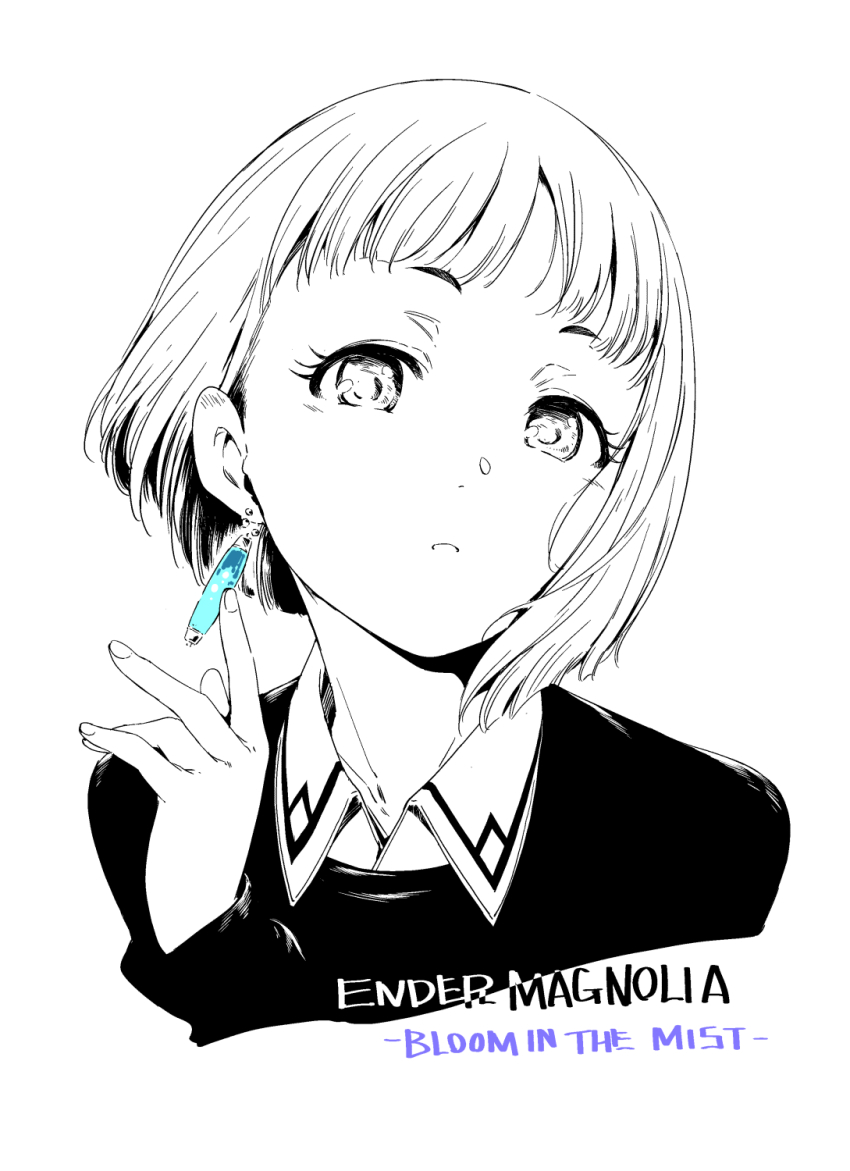 1girl, collared_shirt, commentary_request, cropped_shoulders, ender_lilies_quietus_of_the_knights, ender_magnolia_bloom_in_the_mist, hamao, highres, lilac_(ender_magnolia), looking_at_viewer, monochrome, parted_lips, shirt, short_hair, simple_background, solo, spot_color