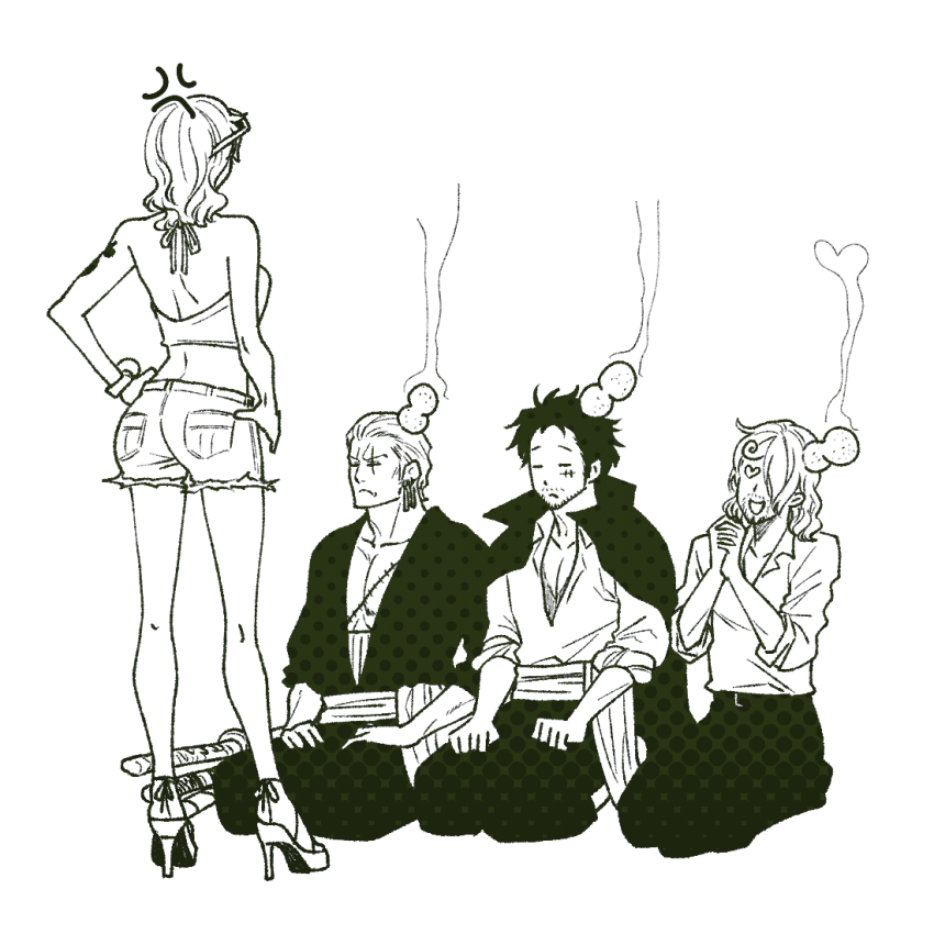 1girl, 3boys, aged_up, anger_vein, aska_makoto, bare_shoulders, bracelet, cape, closed_eyes, coat, coat_on_shoulders, collared_shirt, commentary_request, cropped_shirt, denim, denim_shorts, earrings, eyewear_on_head, facial_hair, facial_scar, full_body, greyscale, hair_over_one_eye, hair_slicked_back, halter_shirt, halterneck, hands_on_own_hips, head_bump, head_steam, heart, heart-shaped_eyes, high_heels, injury, jewelry, log_pose, medium_hair, midriff, monkey_d._luffy, monochrome, multiple_boys, nami_(one_piece), one_piece, own_hands_together, roronoa_zoro, sanji_(one_piece), sash, scar, scar_across_eye, scar_on_cheek, scar_on_chest, scar_on_face, seiza, shirt, short_hair, short_shorts, shorts, shoulder_tattoo, sitting, sleeves_rolled_up, standing, tattoo, white_background