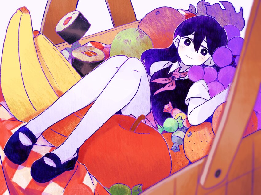 1girl, apple, banana, black_shoes, black_sweater_vest, blush, closed_mouth, colored_skin, food, fruit, grapes, highres, long_hair, makizushi, mari_(headspace)_(omori), mari_(omori), neckerchief, omori, orange_(fruit), purple_eyes, purple_hair, red_neckerchief, sentou_(ex_sento), shoes, short_sleeves, smile, solo, sushi, sweater_vest, white_skin
