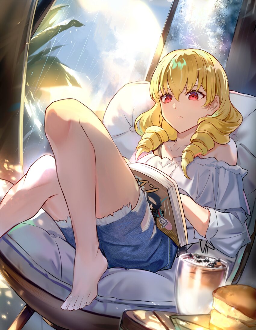 1girl, bare_shoulders, black_shirt, blonde_hair, blue_shorts, book, collarbone, denim