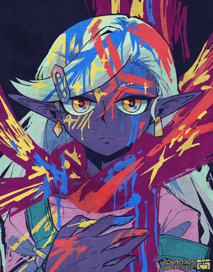 1boy, aizawa_sachi, artist_name, black_skin, blue_overalls, closed_mouth, colored_skin, dated