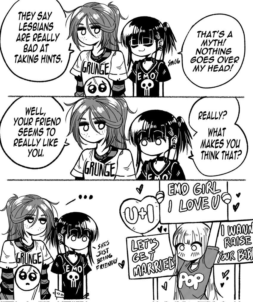 ..., 3girls, 3koma, :3, balloon, black_shirt, blush, clueless