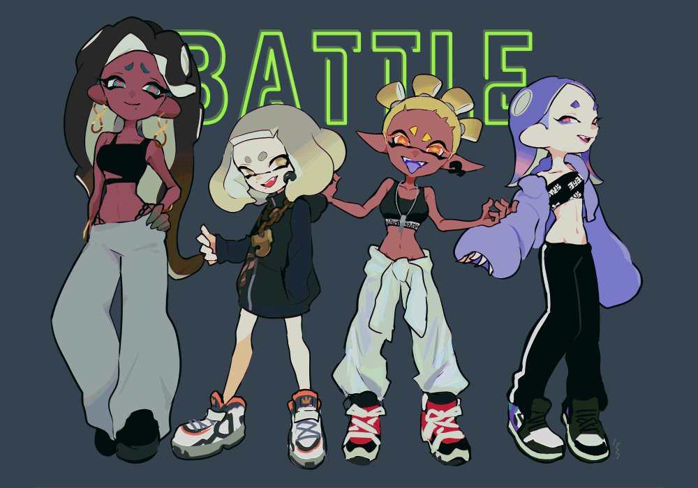 4girls, aqua_eyes, baggy_pants, black_footwear, black_hair, black_hoodie, black_pants, blonde_hair