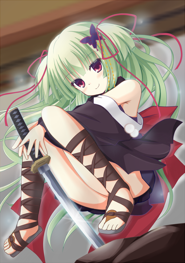 1girl, armpit_crease, bare_shoulders, black_kimono, black_sandals, blunt_bangs, blush, butterfly_hair_ornament, closed_mouth, commentary_request, convenient_leg, floating_hair, full_body, green_hair, hair_ornament, hair_ribbon, holding, holding_sword, holding_weapon, japanese_clothes, katana, kimono, knees_together_feet_apart, long_hair, long_ribbon, long_sleeves, looking_at_viewer, midair, murasame_(senren), no_socks, pom_pom_(clothes), red_eyes, red_ribbon, ribbon, sandals, senren_banka, smile, solo, sword, takanashi_kou, toes, two_side_up, very_long_hair, weapon, wide_sleeves