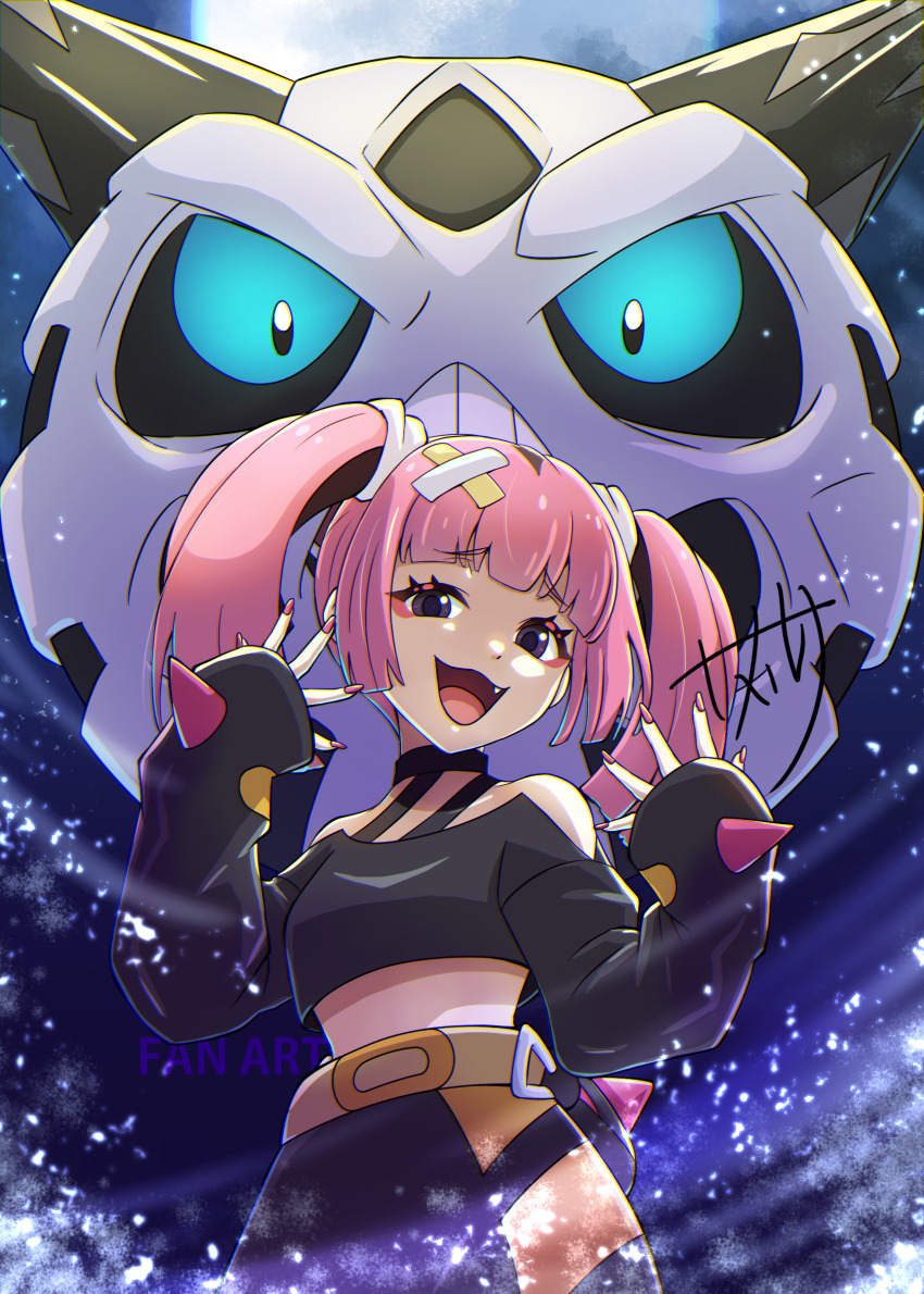 1girl, bandaid, bandaid_hair_ornament, belt, black_eyes, black_hair, coral_(pokemon), cowboy_shot