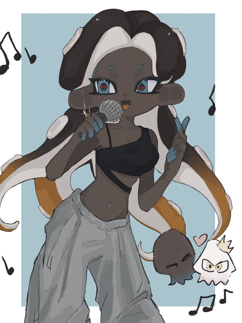 2girls, :d, aqua_eyes, baggy_pants, black_hair, blue_background, border, cephalopod_eyes