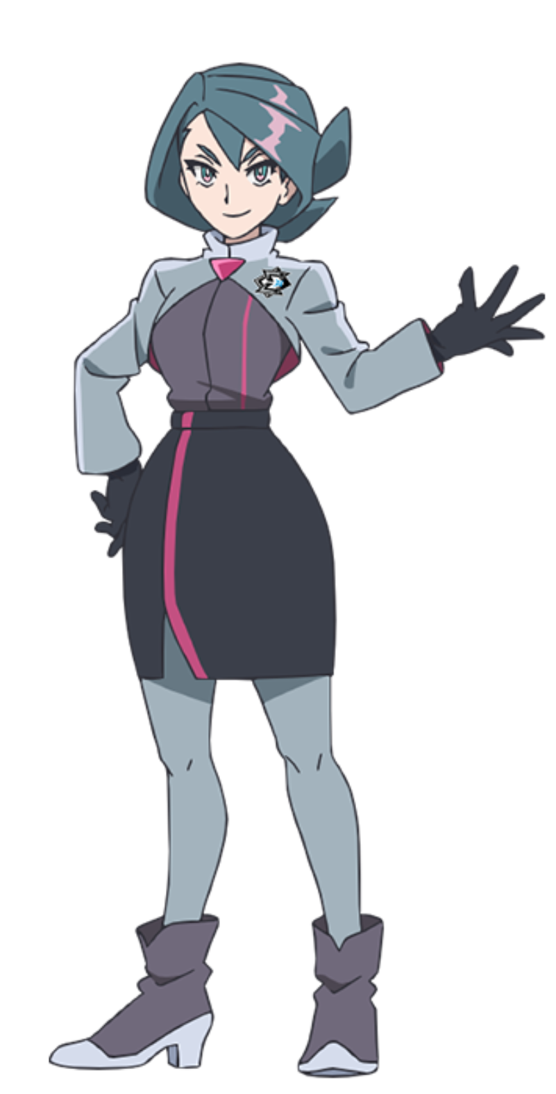 1girl, black_gloves, black_skirt, closed_mouth, cropped_jacket, full_body, gloves, green_hair