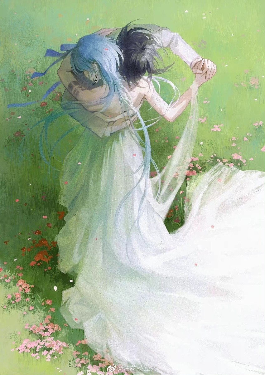 1boy, 1girl, armlet, bare_arms, bare_shoulders, black_hair, blue_hair, caomufound