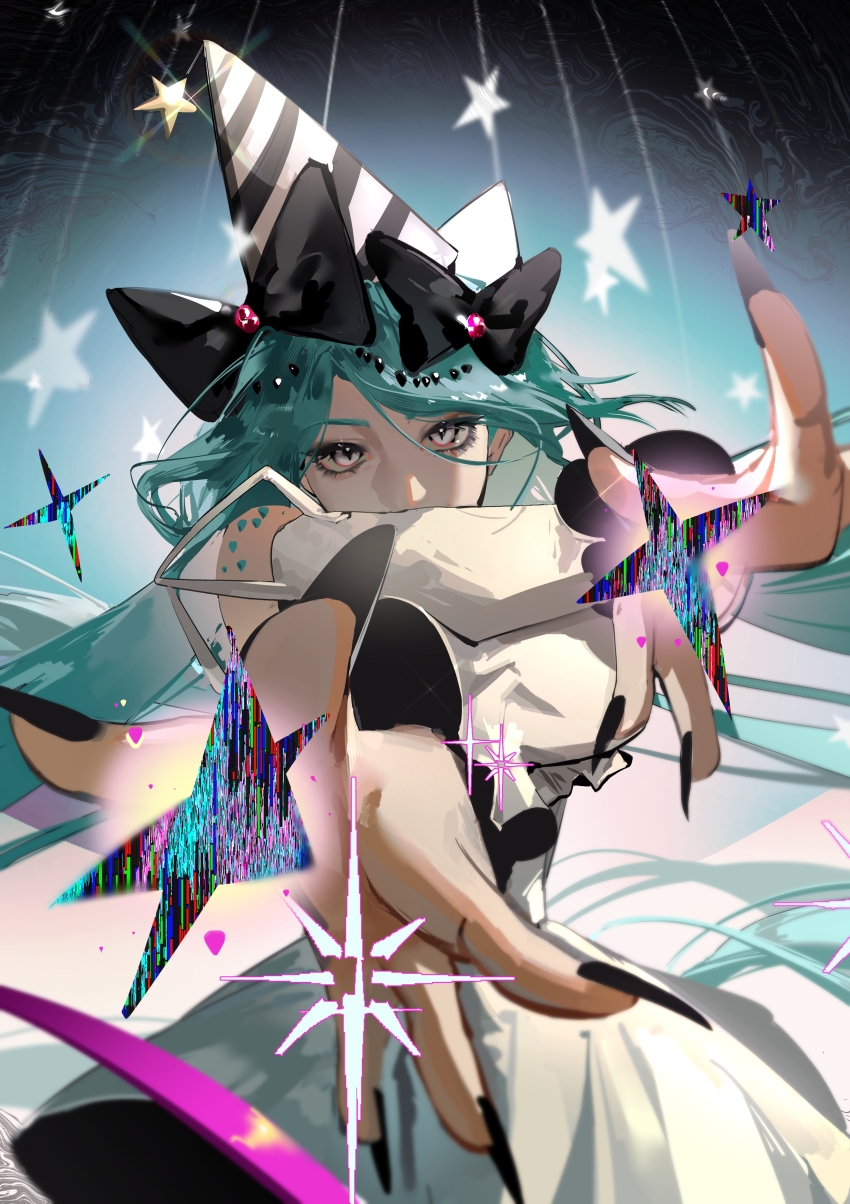 1girl, absurdres, aegyo_sal, aqua_hair, aqua_scales, black_bow, black_hat, black_nails