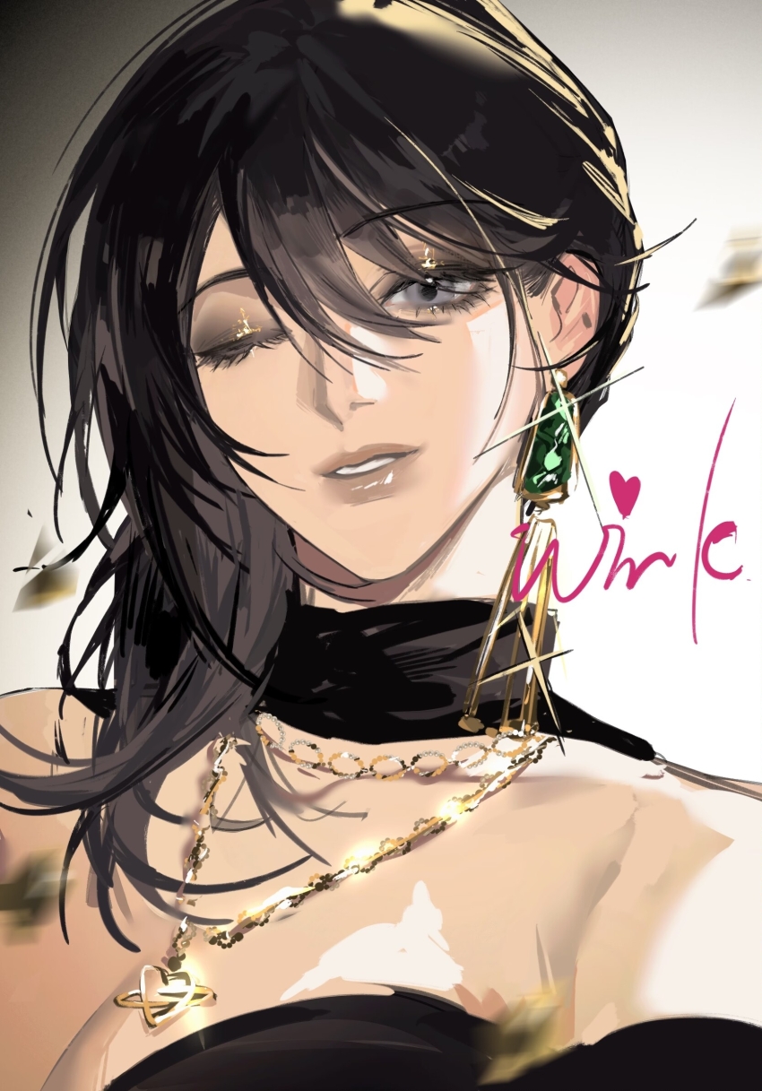 1girl, bare_shoulders, black_eyeshadow, black_hair, breasts, chinese_commentary, cleavage, collarbone