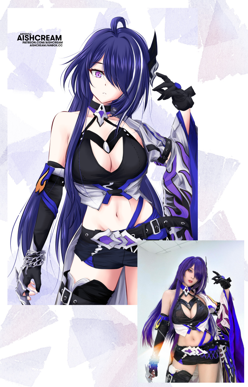 1girl, absurdres, acheron_(honkai:_star_rail), acheron_(honkai:_star_rail)_(cosplay), ahoge, aishcream24, belt, black_belt