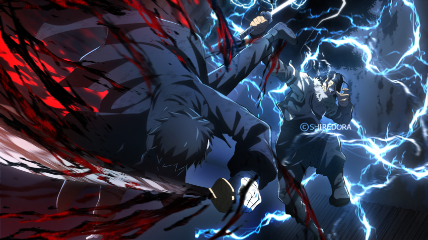2boys, black_coat, black_hair, black_pants, blood, coat, duel, facial_hair