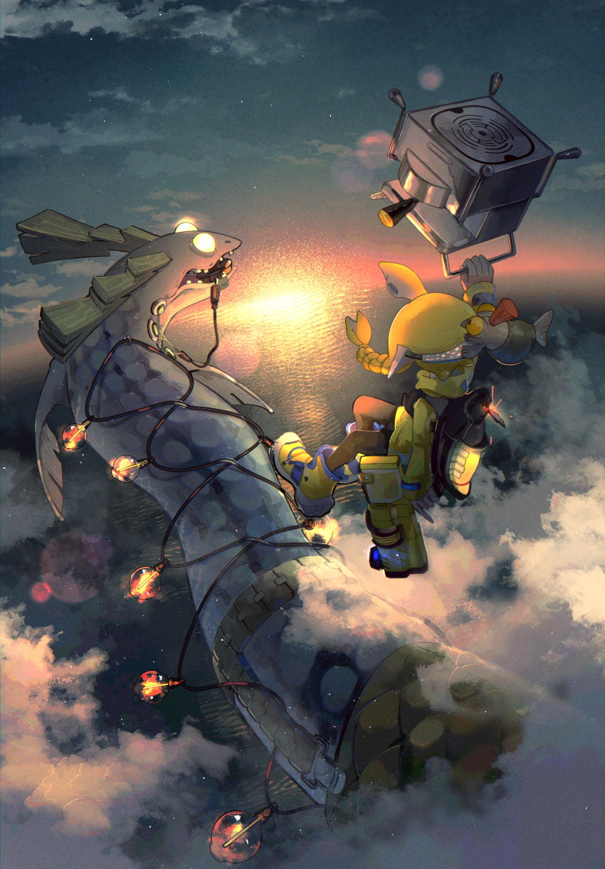 1girl, absurdres, agent_3_(splatoon_3), animal, animal_on_head, arm_at_side, arm_up, blonde_hair