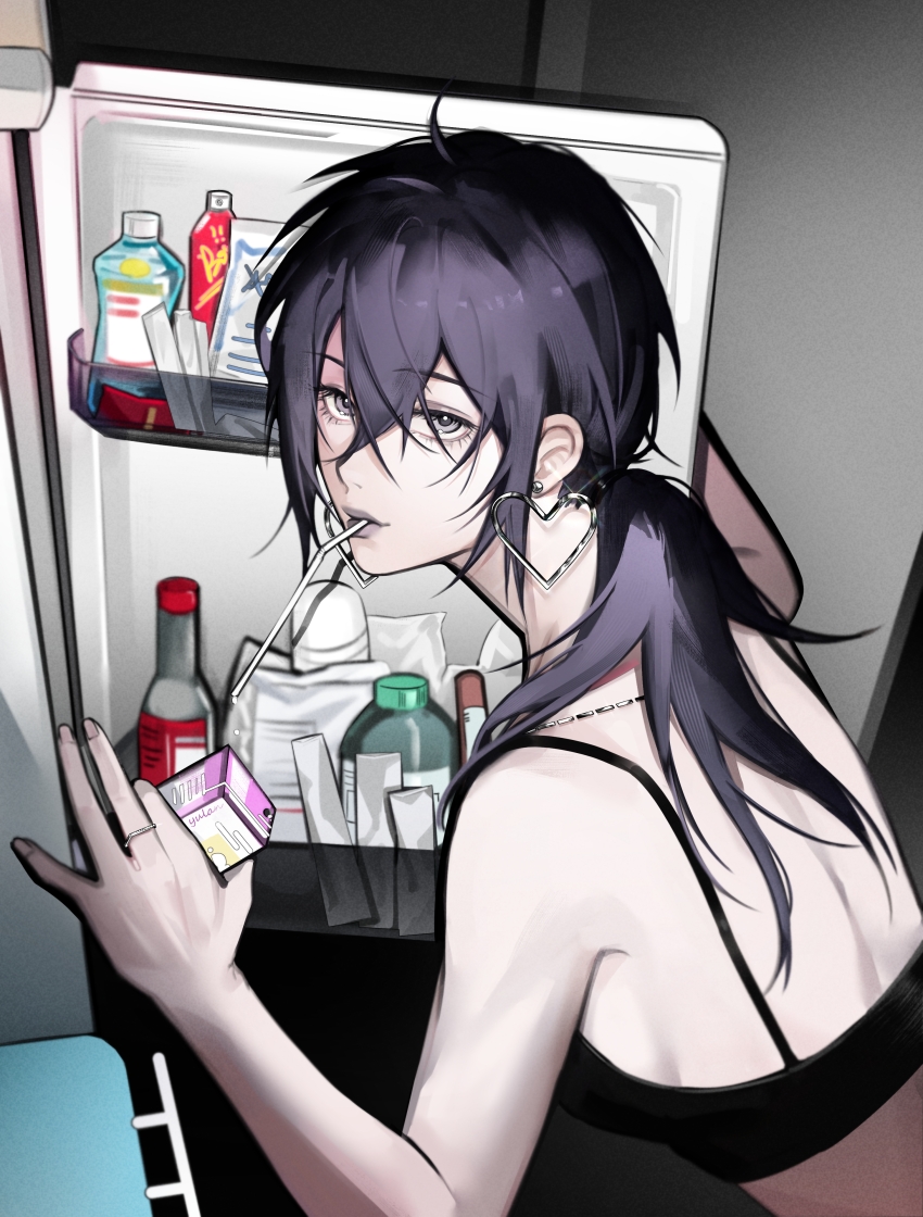 1girl, absurdres, ahoge, alternate_costume, black_bra, black_hair, bottle, bra